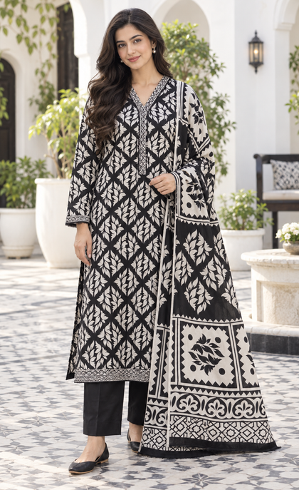 Bin Saeed Black & Ivory Printed 3-Piece Suit