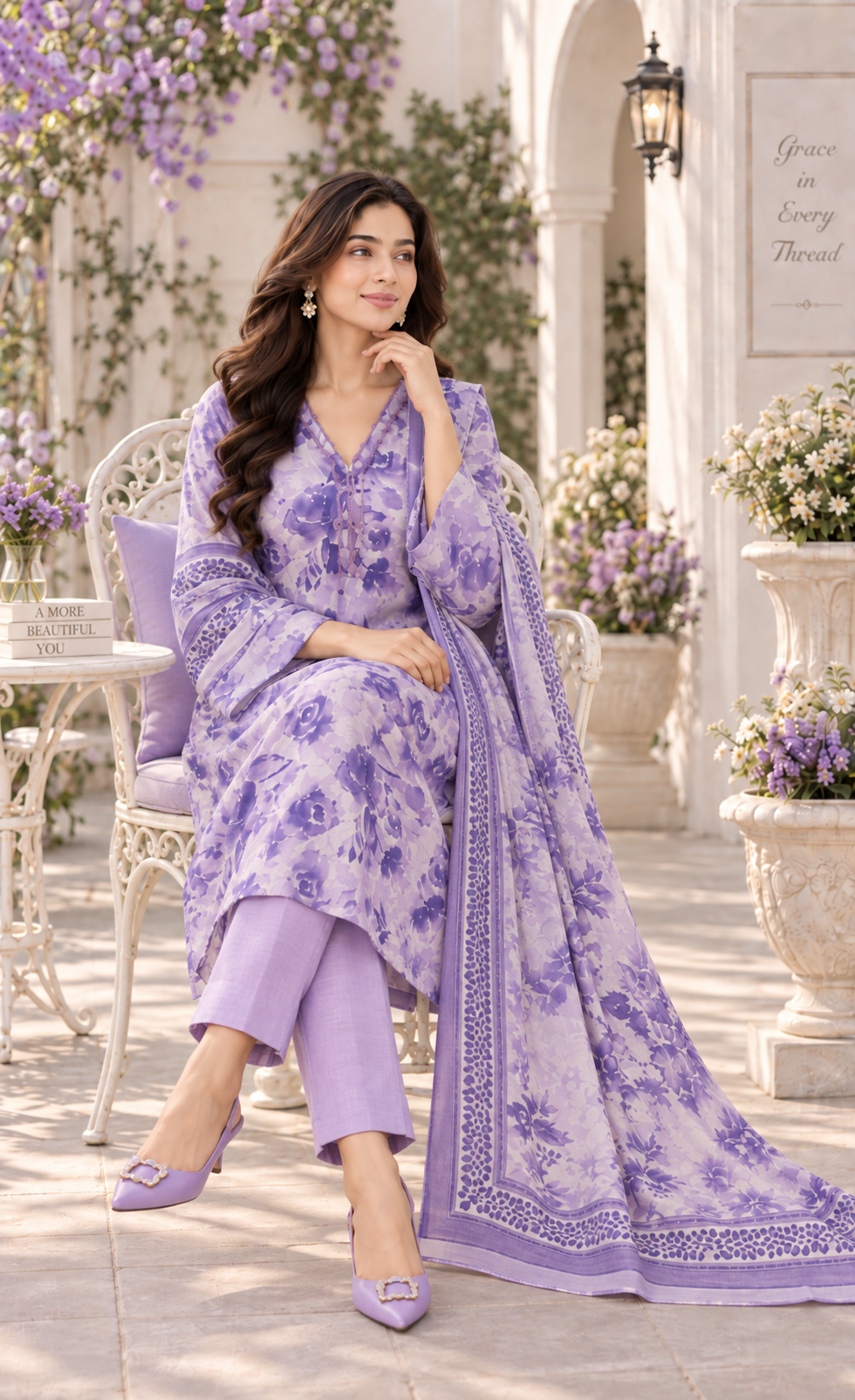 Saya Lavender Floral Printed 3-Piece Suit