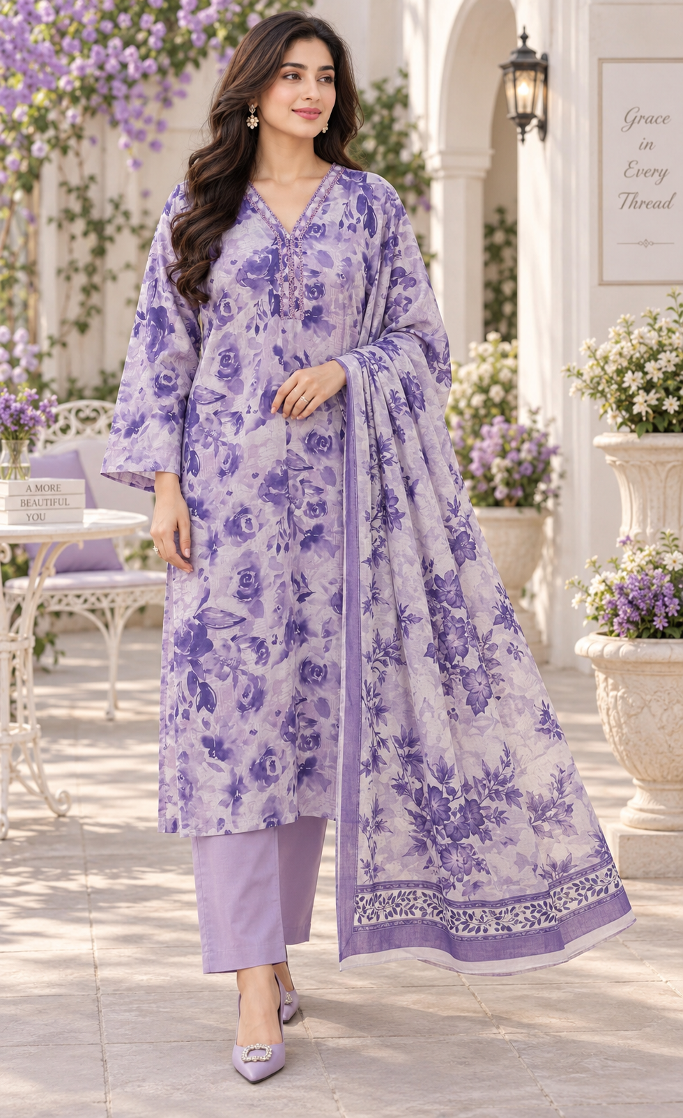 Saya Lavender Floral Printed 3-Piece Suit