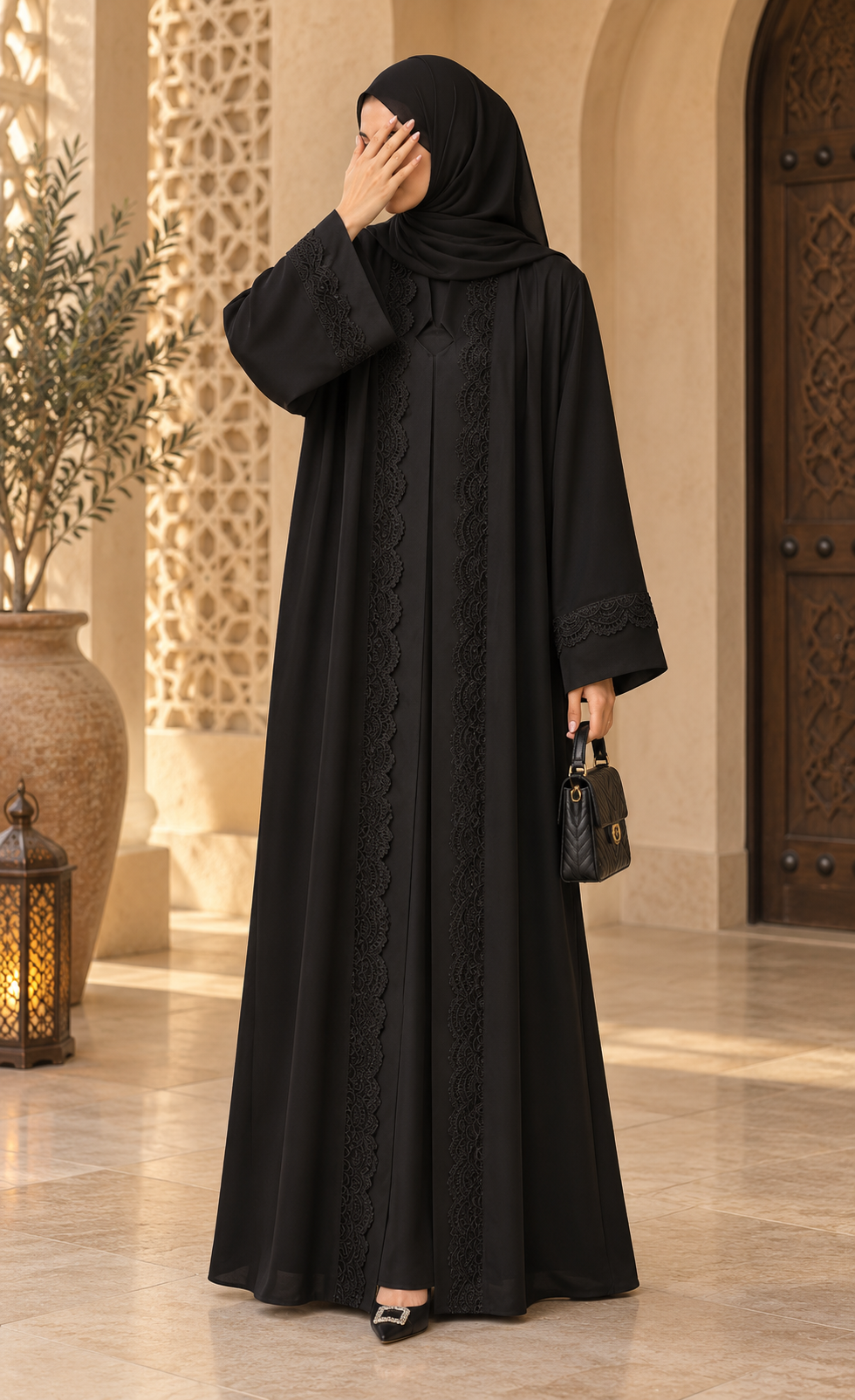 Black Lace Trim Abaya