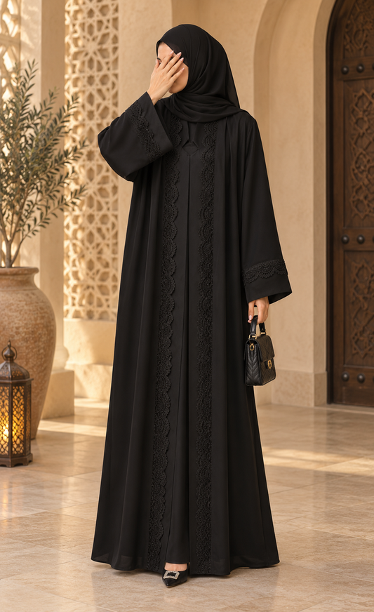 Black Lace Trim Abaya