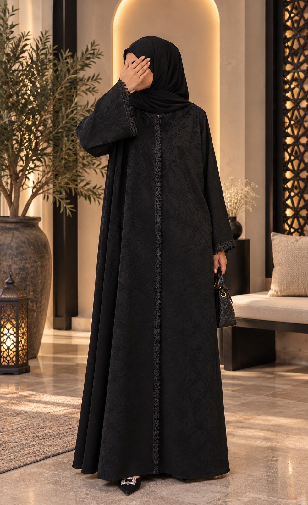 Black Jacquard Lace Abaya