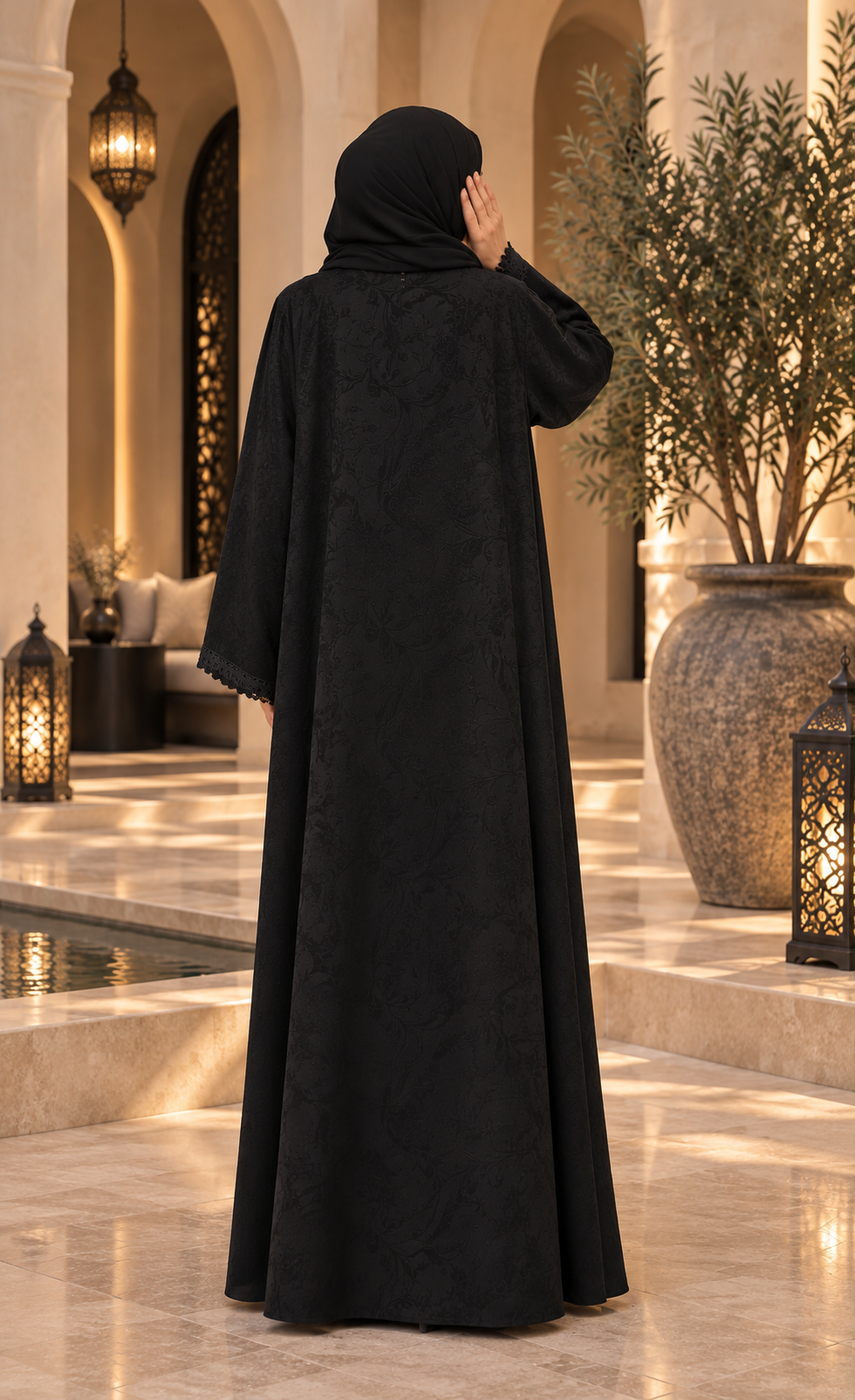 Black Jacquard Lace Abaya