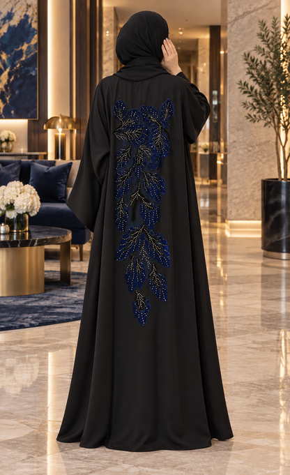 Black & Navy Floral Appliqué Abaya