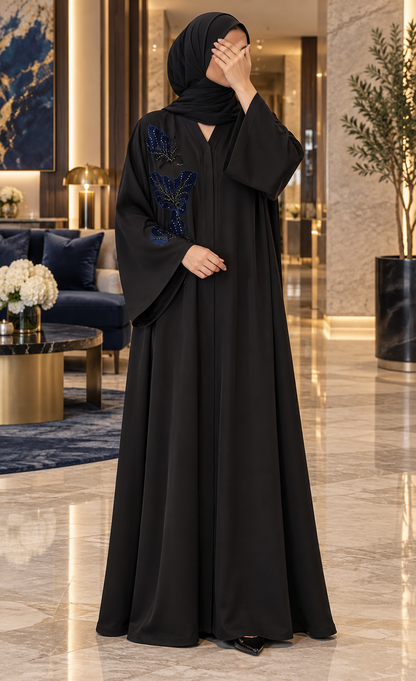 Black & Navy Floral Appliqué Abaya