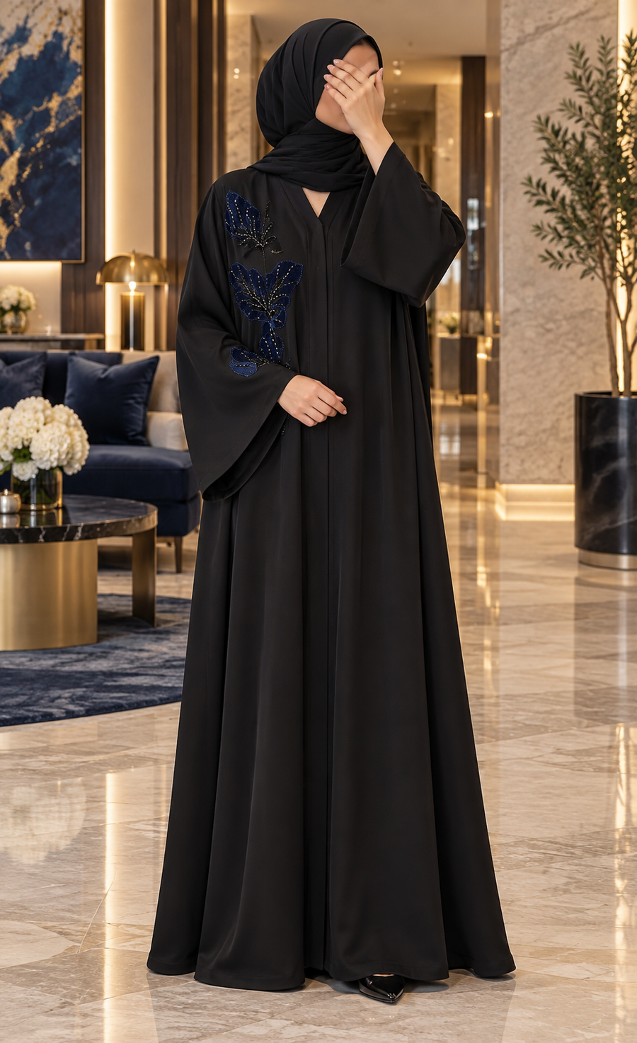Black & Navy Floral Appliqué Abaya