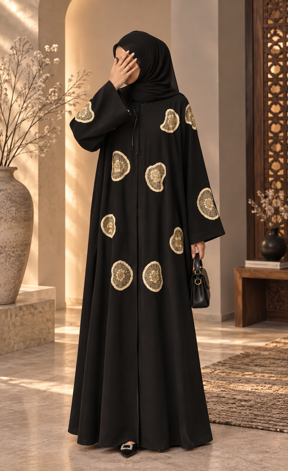 Black & Gold Appliqué Abaya
