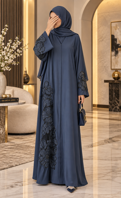 Slate Blue Floral Appliqué Abaya