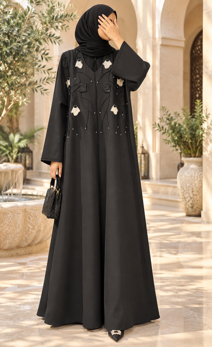 Black Floral Tassel Appliqué Abaya
