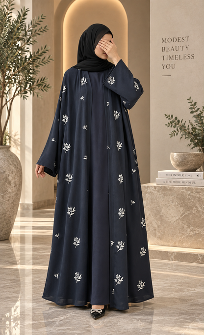 Navy Blue & Ivory Floral Abaya