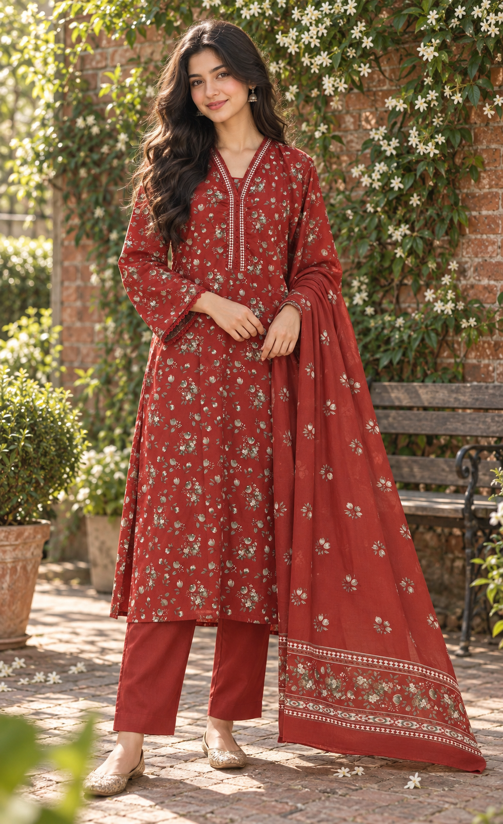 Bin Saeed Terracotta Floral Printed 3-Piece Suit