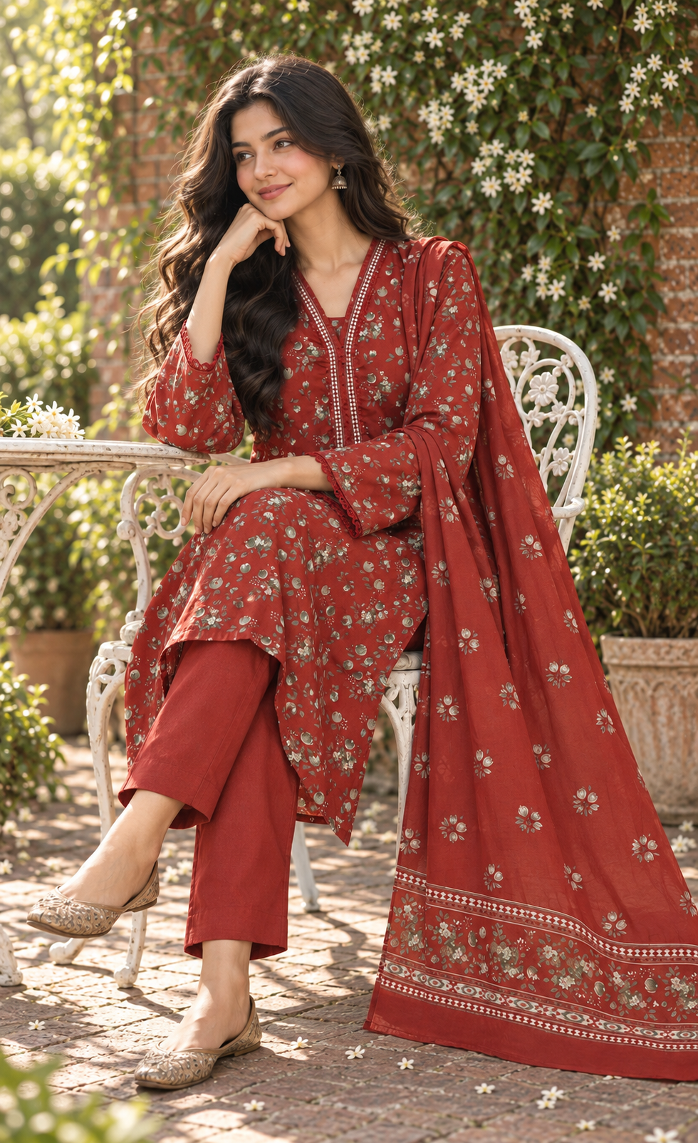 Bin Saeed Terracotta Floral Printed 3-Piece Suit