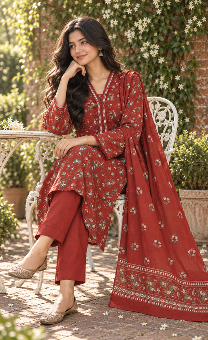 Bin Saeed Terracotta Floral Printed 3-Piece Suit