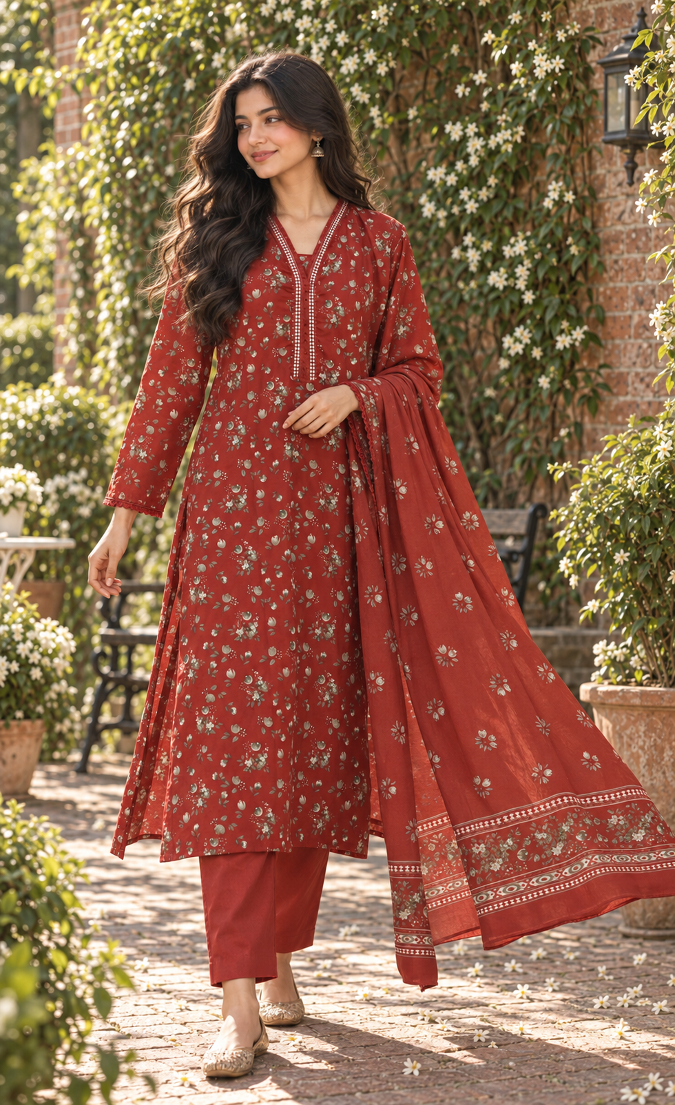 Bin Saeed Terracotta Floral Printed 3-Piece Suit