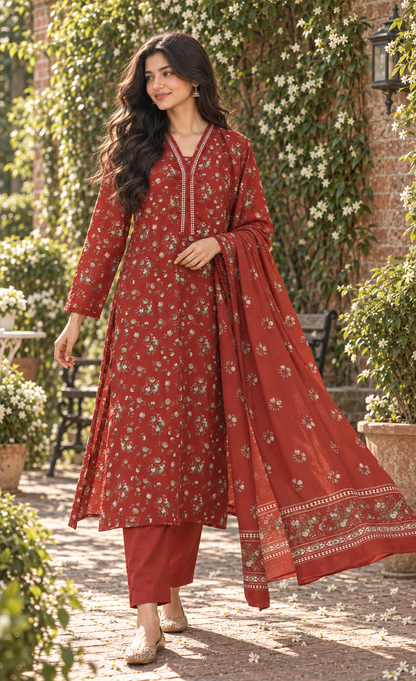 Bin Saeed Terracotta Floral Printed 3-Piece Suit