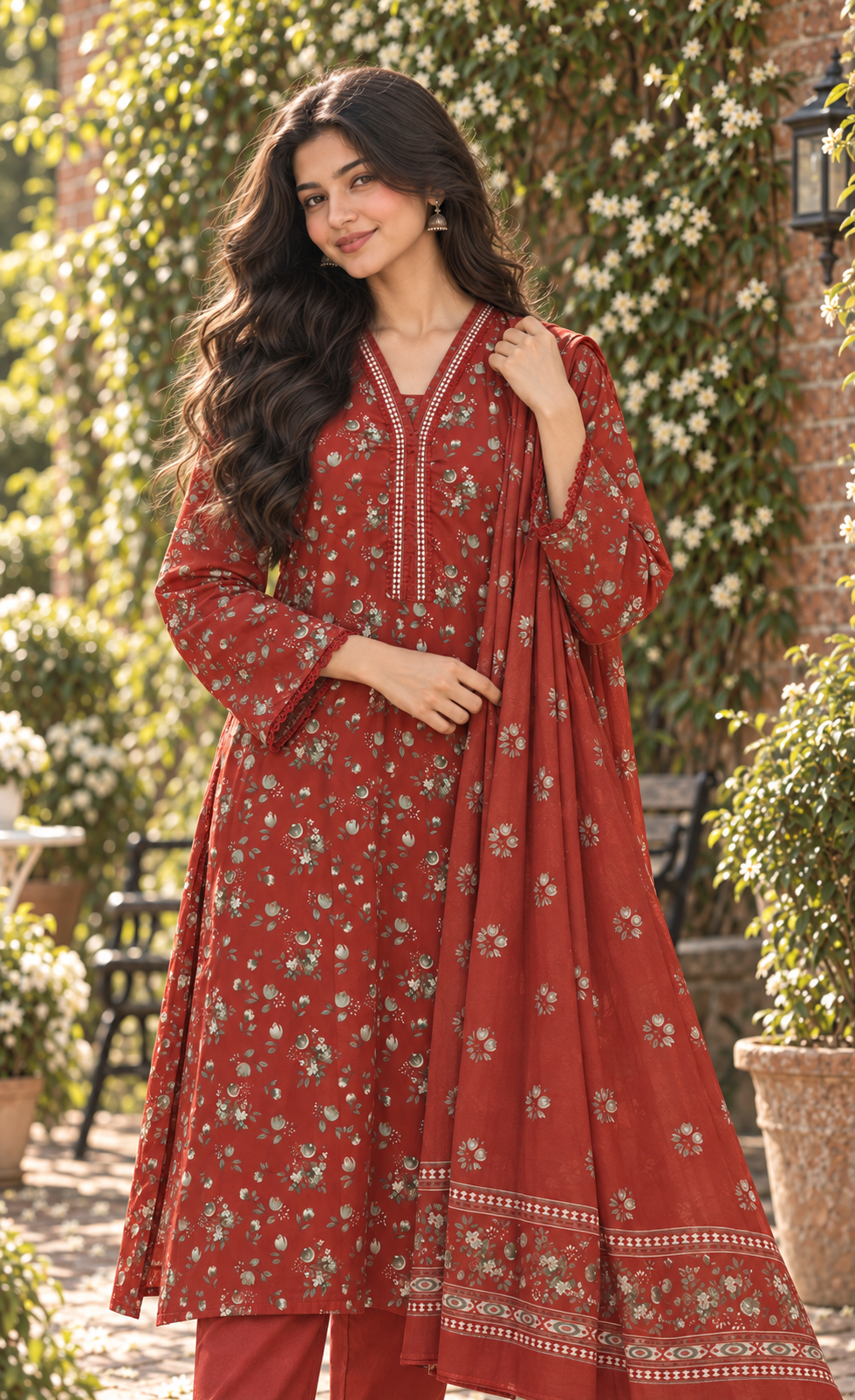 Bin Saeed Terracotta Floral Printed 3-Piece Suit