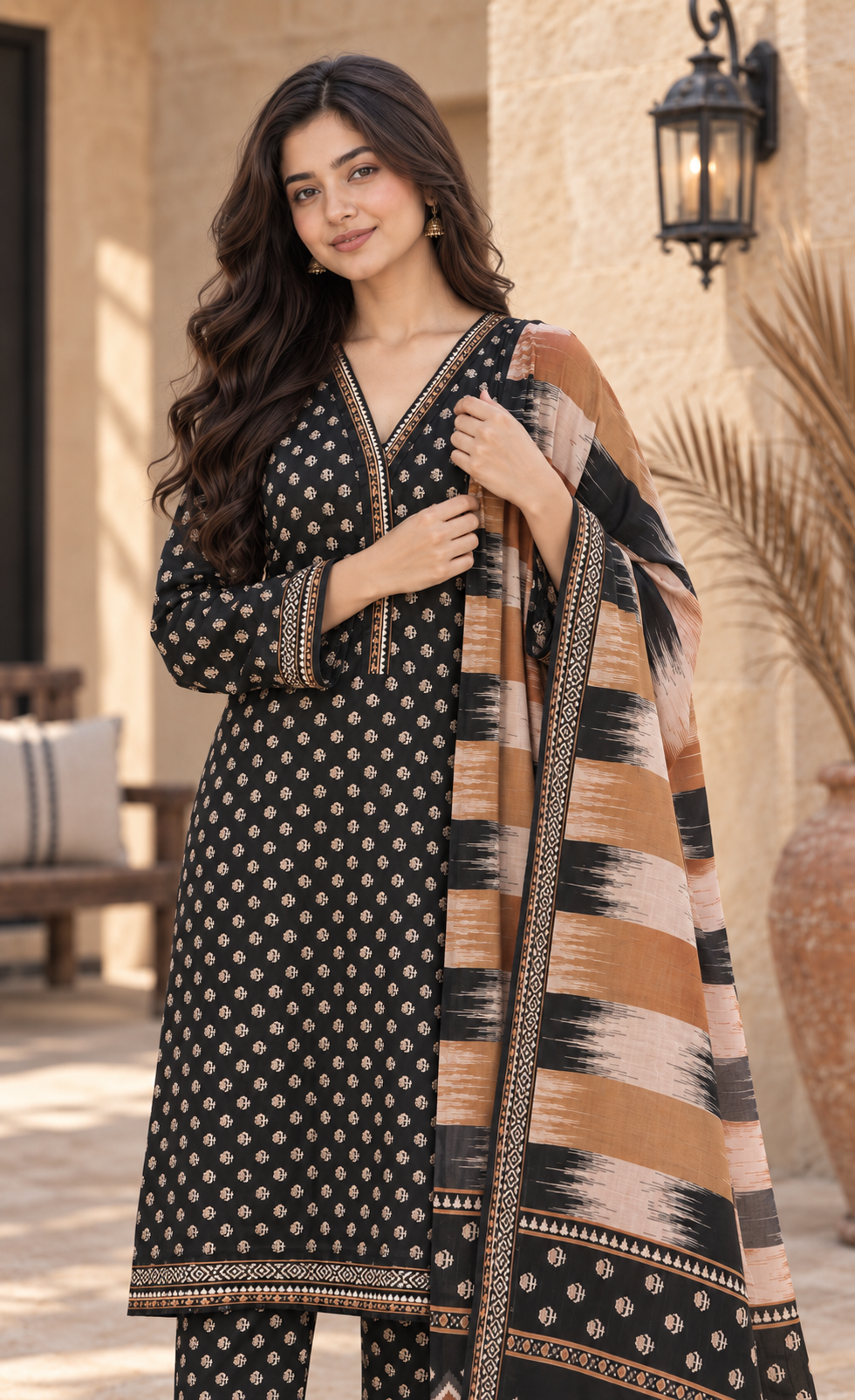 Bin Saeed Black & Camel Printed 3-Piece Suit