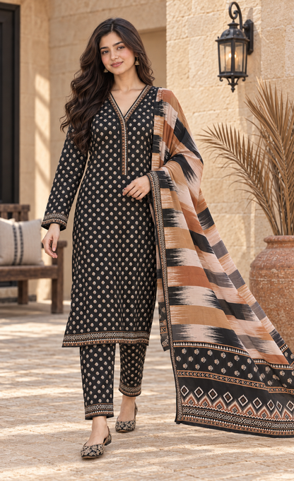 Bin Saeed Black & Camel Printed 3-Piece Suit