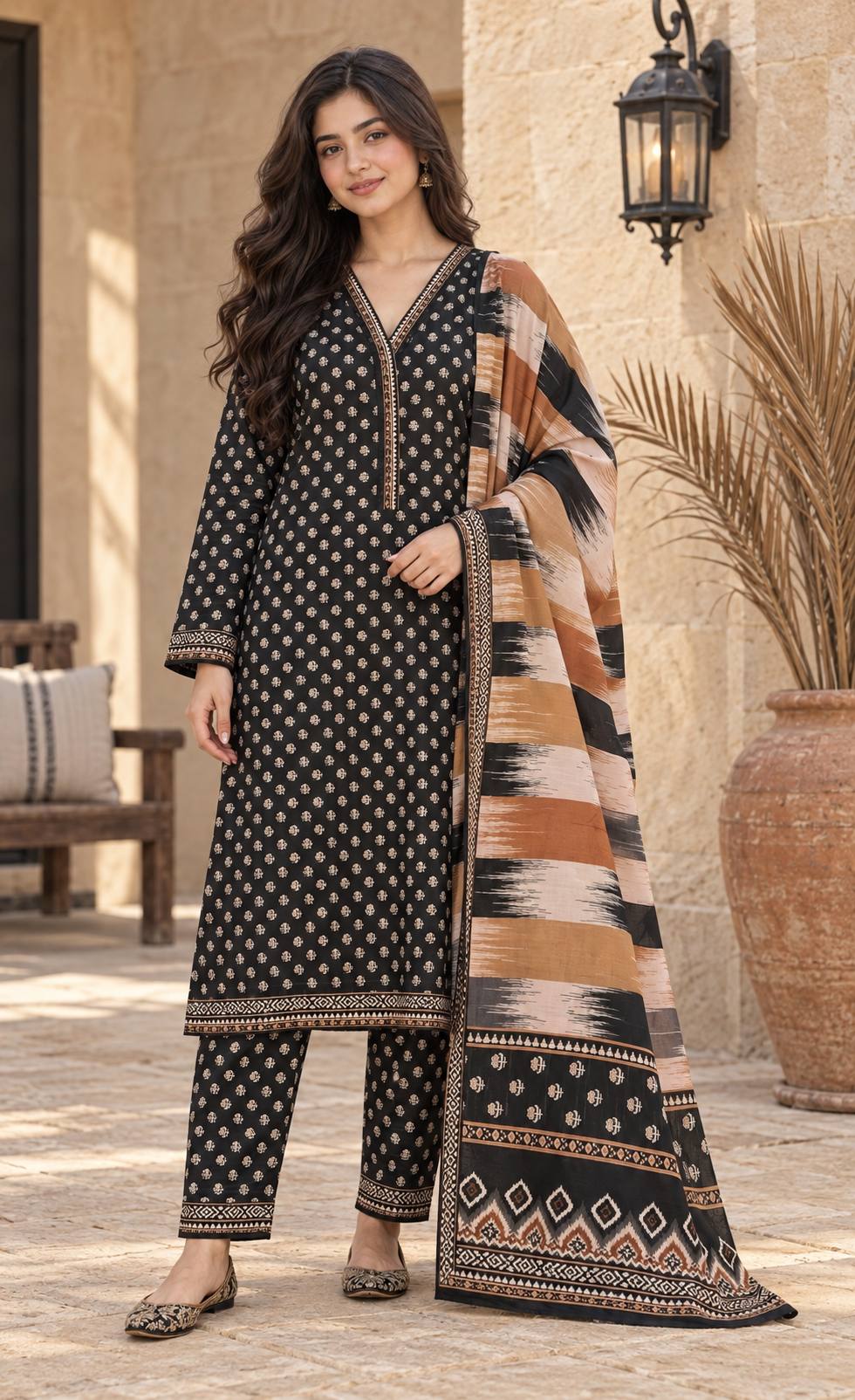 Bin Saeed Black & Camel Printed 3-Piece Suit