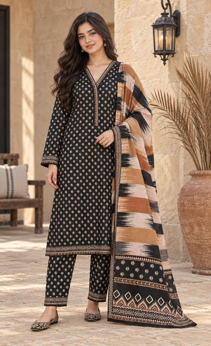 Bin Saeed Black & Camel Printed 3-Piece Suit