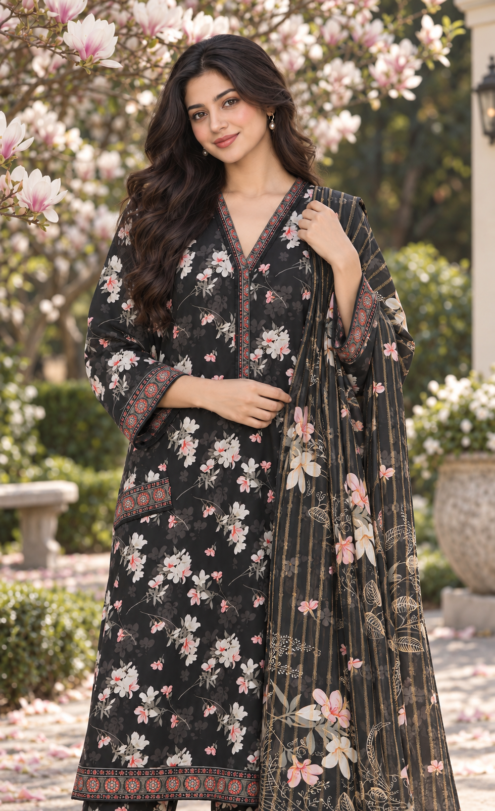 Bin Saeed Black Blossom Printed 3-Piece Suit
