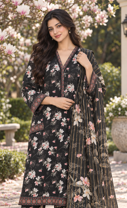 Bin Saeed Black Blossom Printed 3-Piece Suit