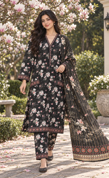 Bin Saeed Black Blossom Printed 3-Piece Suit