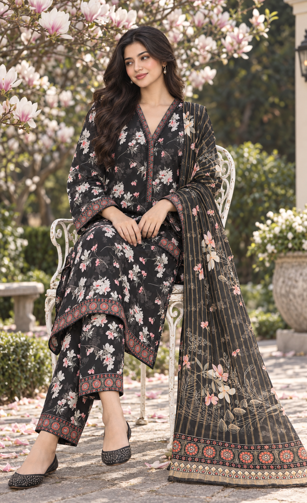 Bin Saeed Black Blossom Printed 3-Piece Suit