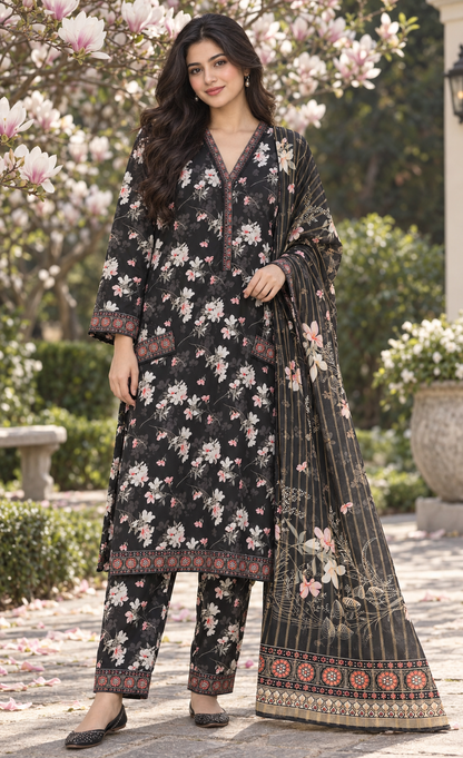 Bin Saeed Black Blossom Printed 3-Piece Suit