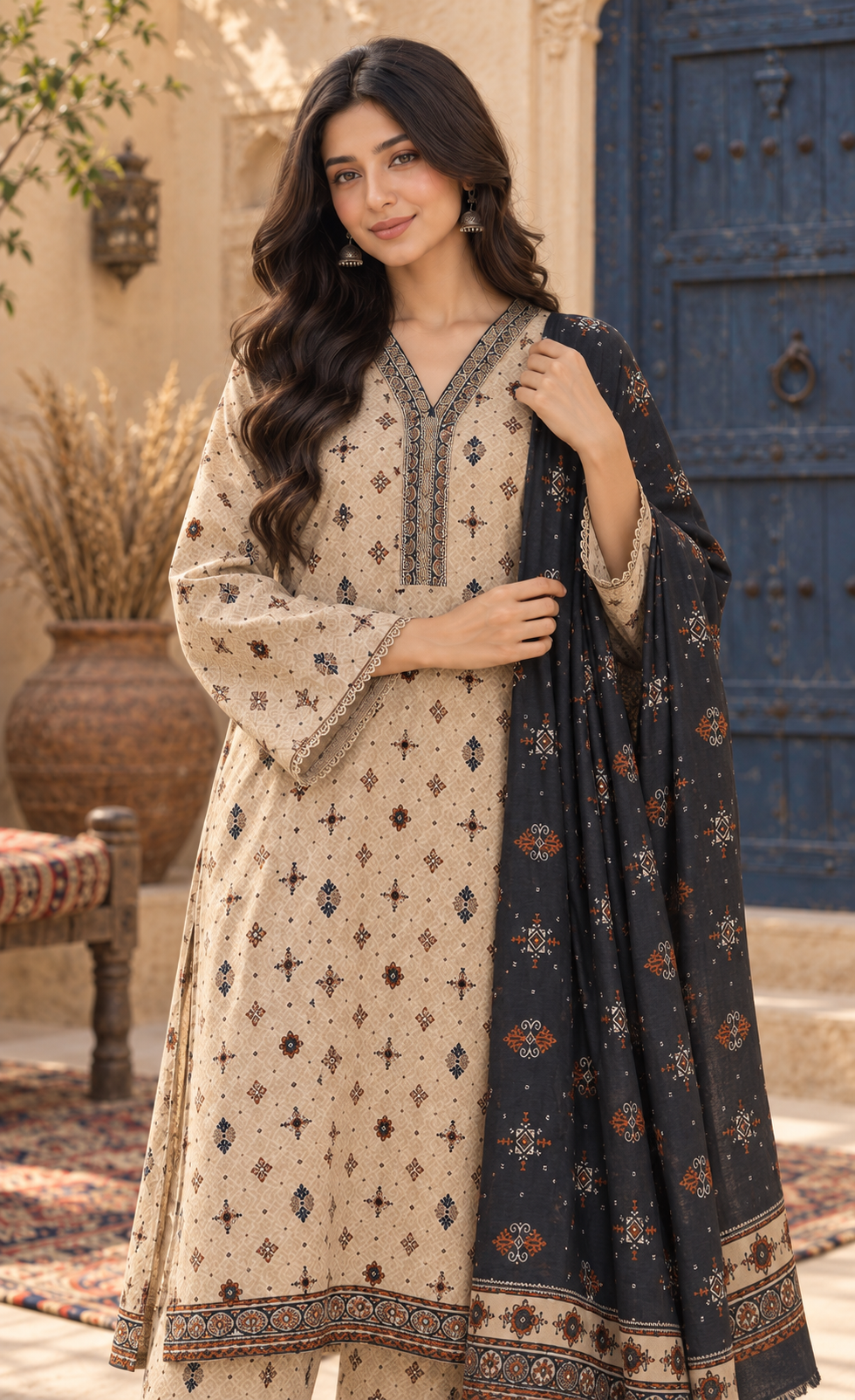 Bin Saeed Beige & Navy Printed 3-Piece Suit