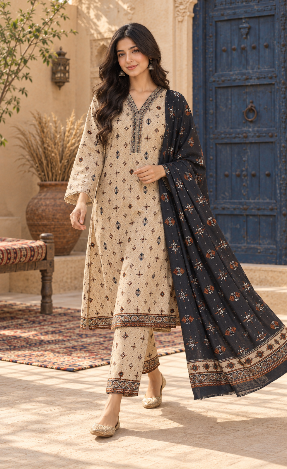 Bin Saeed Beige & Navy Printed 3-Piece Suit