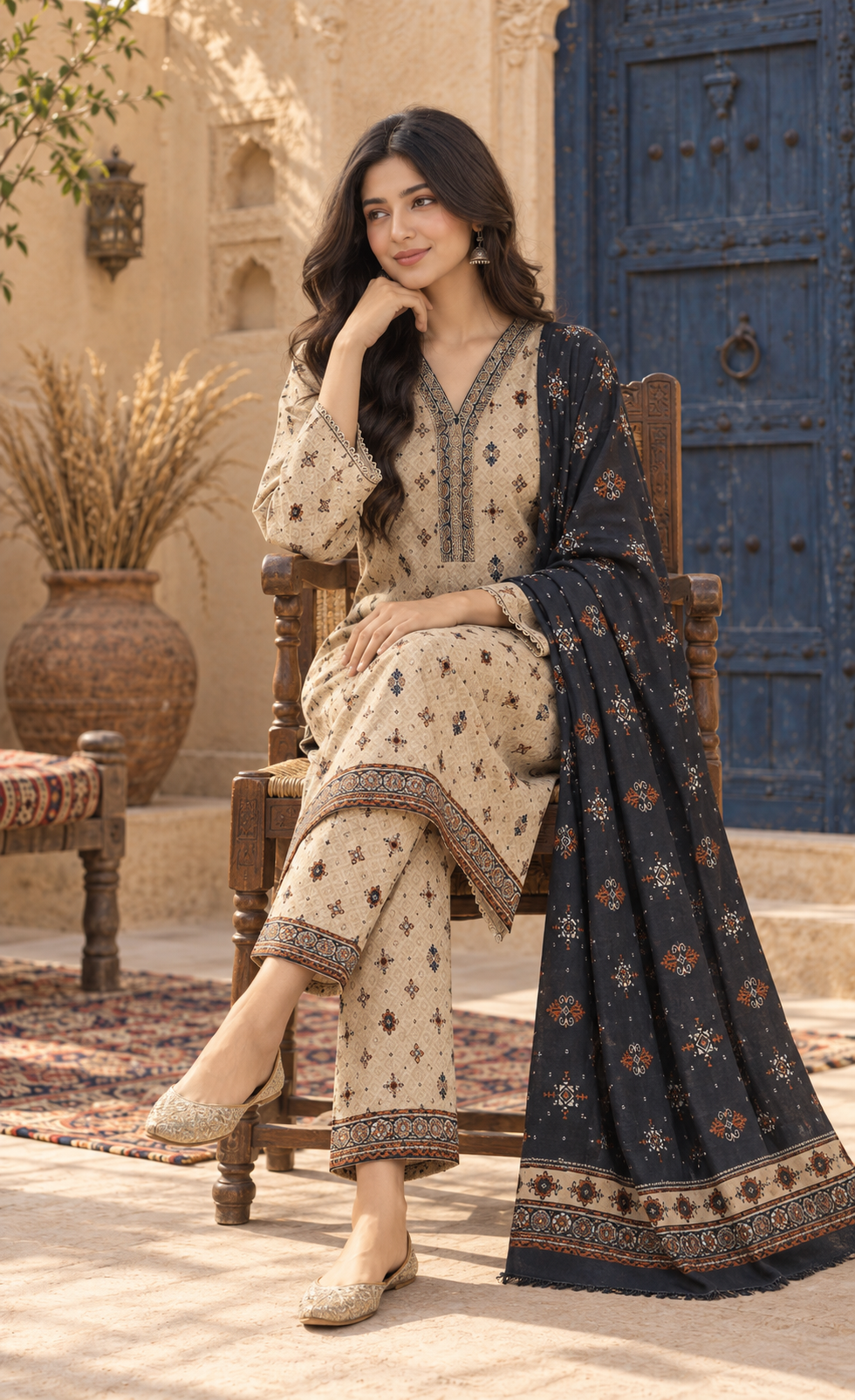 Bin Saeed Beige & Navy Printed 3-Piece Suit