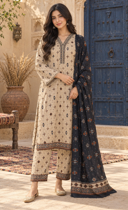 Bin Saeed Beige & Navy Printed 3-Piece Suit