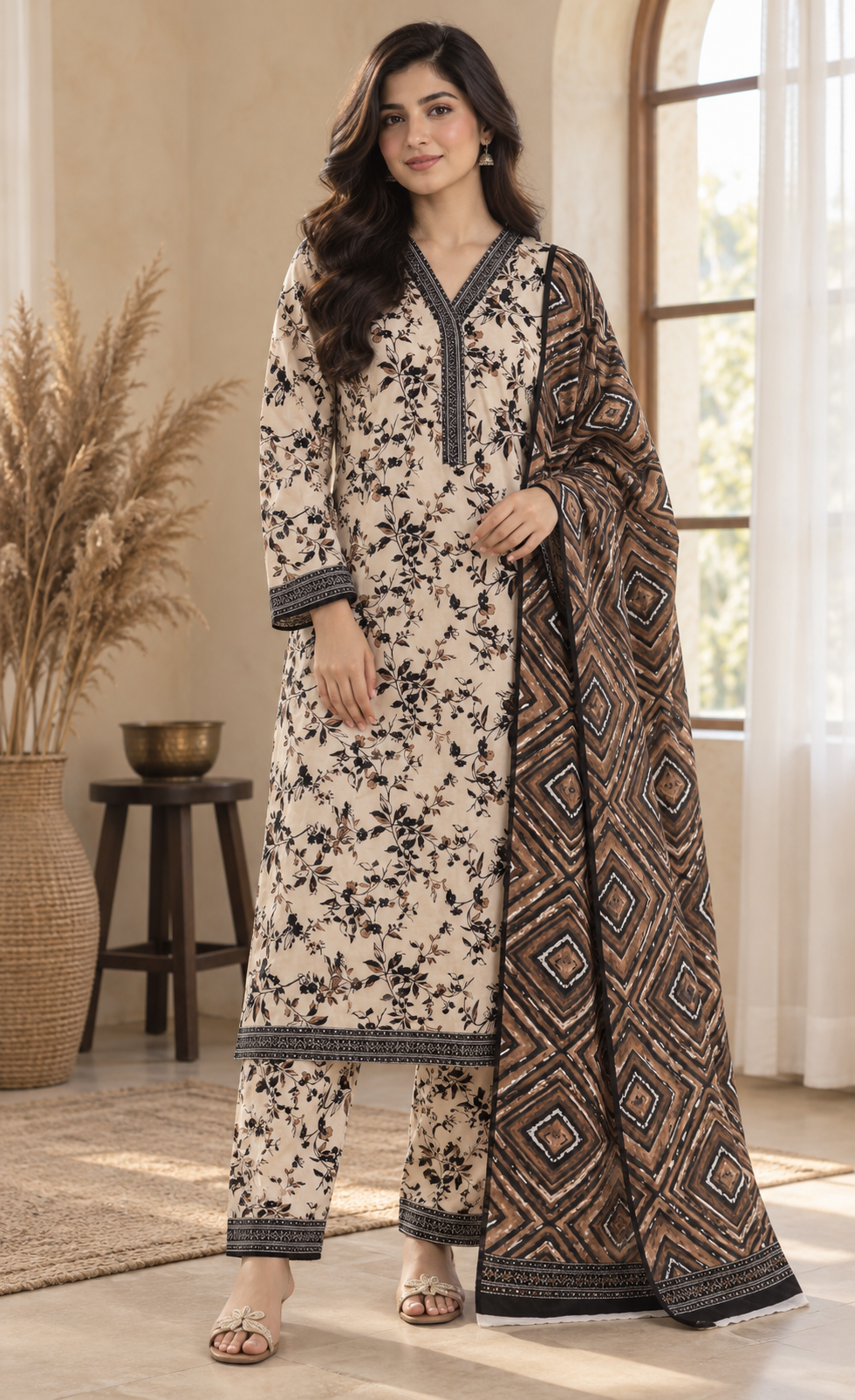 Bin Saeed Ivory & Brown Floral Printed 3-Piece Suit