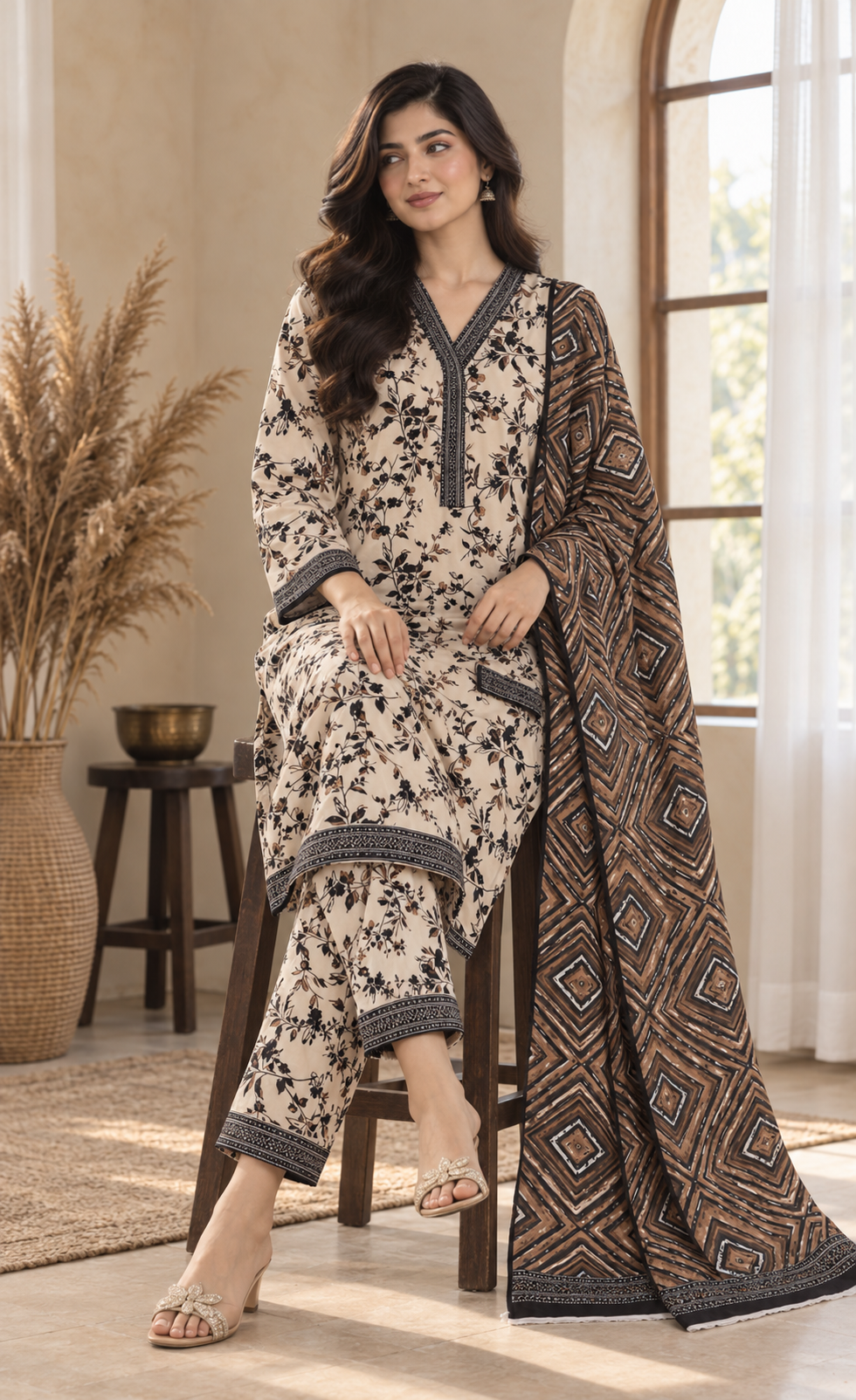 Bin Saeed Ivory & Brown Floral Printed 3-Piece Suit