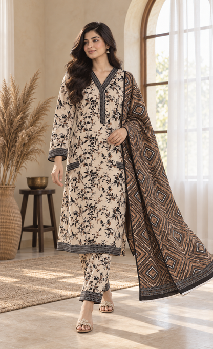 Bin Saeed Ivory & Brown Floral Printed 3-Piece Suit