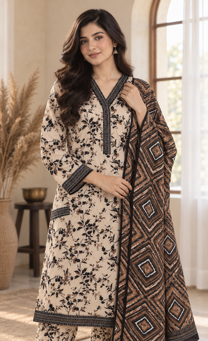 Bin Saeed Ivory & Brown Floral Printed 3-Piece Suit