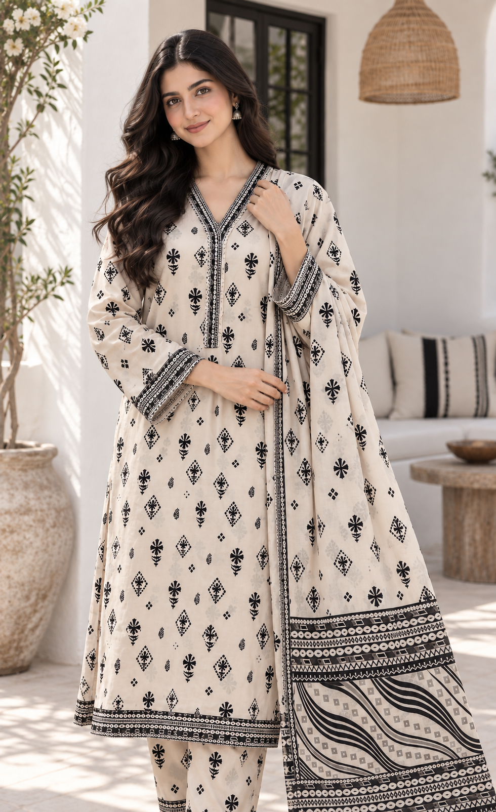 Bin Saeed Ivory Black Printed 3-Piece Suit