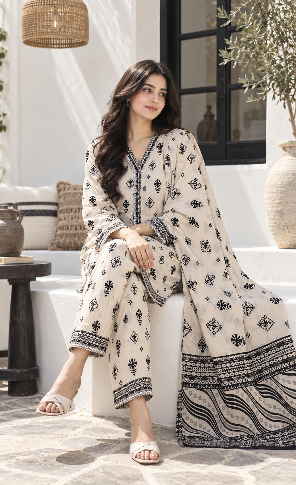 Bin Saeed Ivory Black Printed 3-Piece Suit