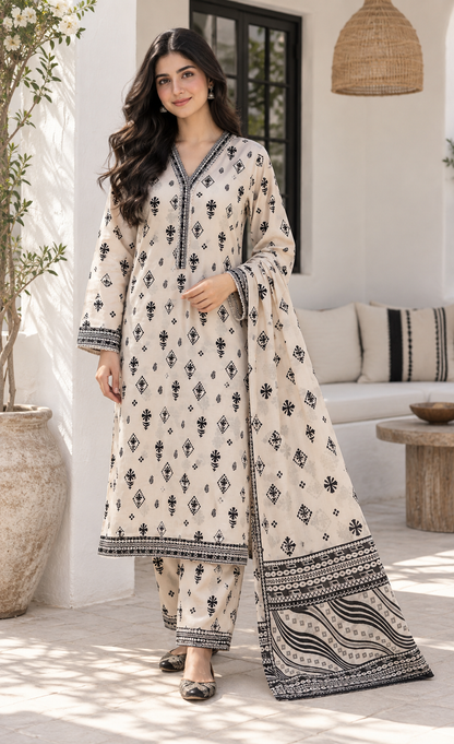 Bin Saeed Ivory Black Printed 3-Piece Suit