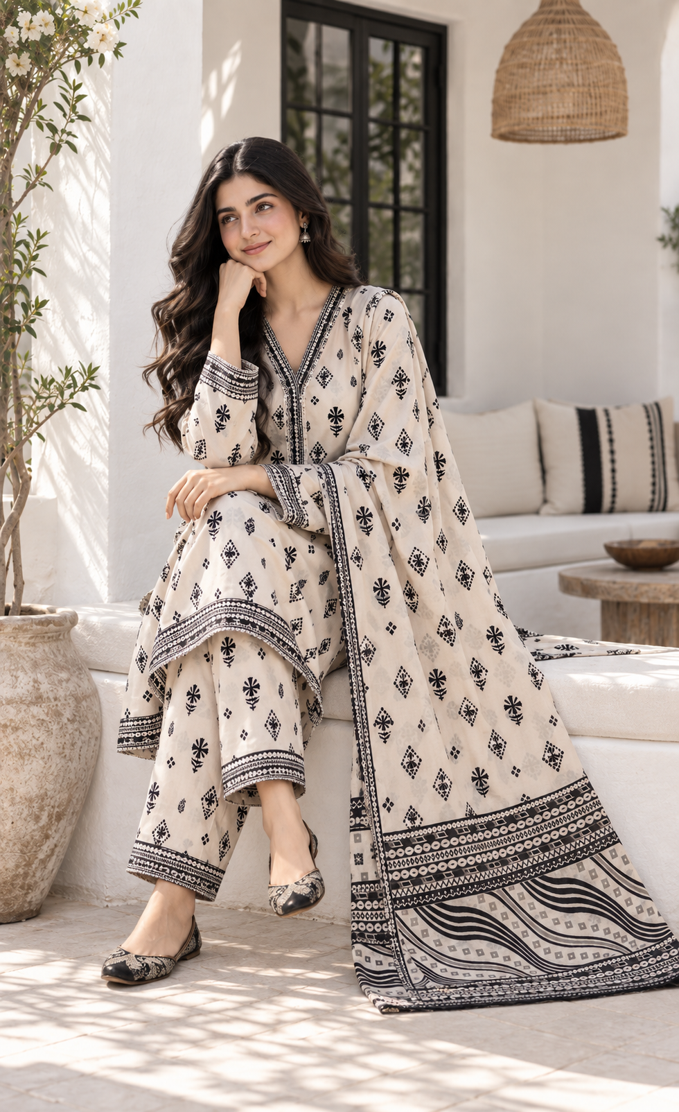Bin Saeed Ivory Black Printed 3-Piece Suit