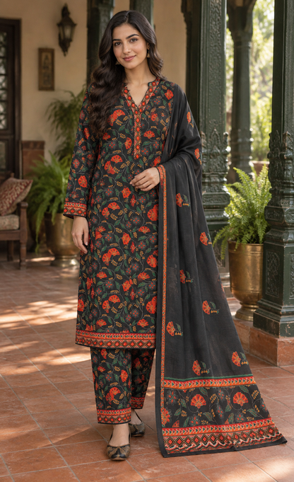 Bin Saeed Charcoal Rust Floral Printed 3-Piece Suit
