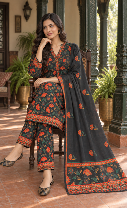 Bin Saeed Charcoal Rust Floral Printed 3-Piece Suit
