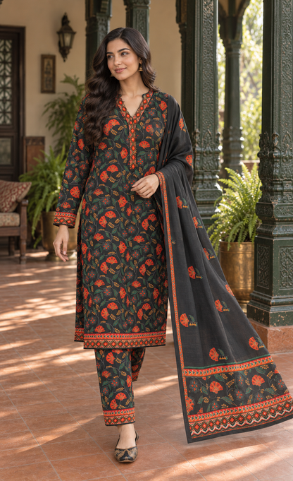 Bin Saeed Charcoal Rust Floral Printed 3-Piece Suit
