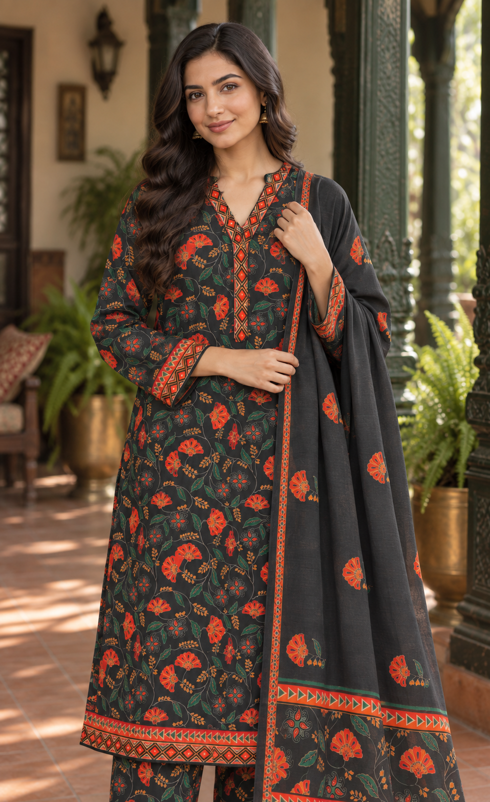 Bin Saeed Charcoal Rust Floral Printed 3-Piece Suit
