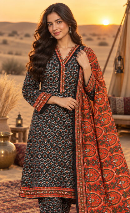 Bin Saeed Black & Rust Ajrak Printed 3-Piece Suit