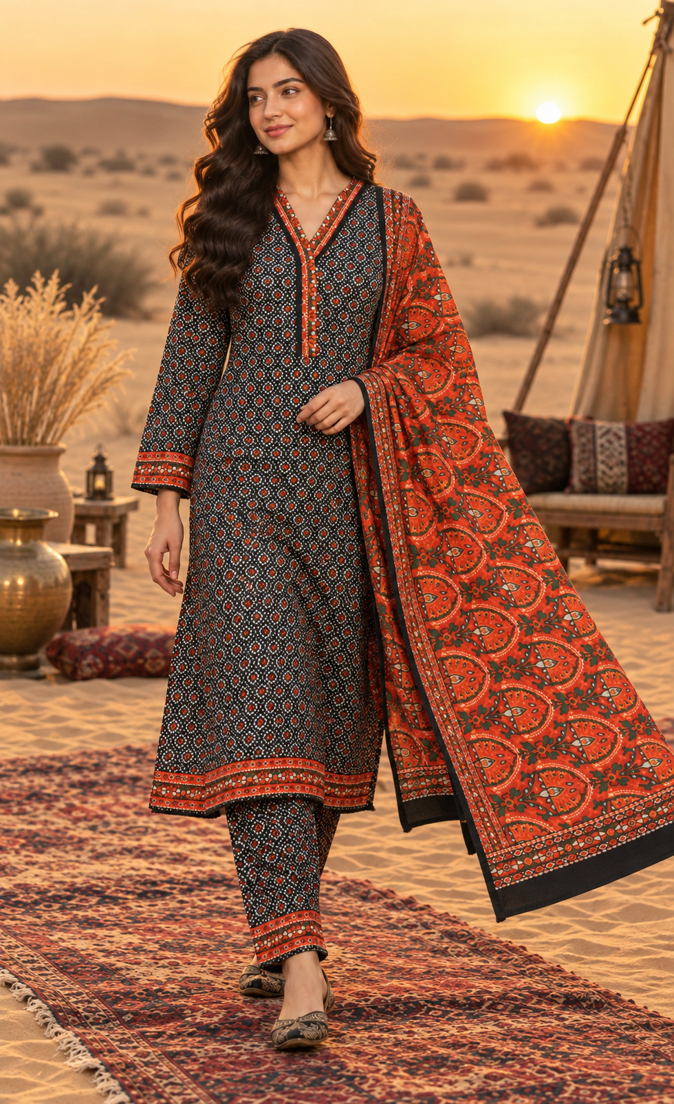 Bin Saeed Black & Rust Ajrak Printed 3-Piece Suit