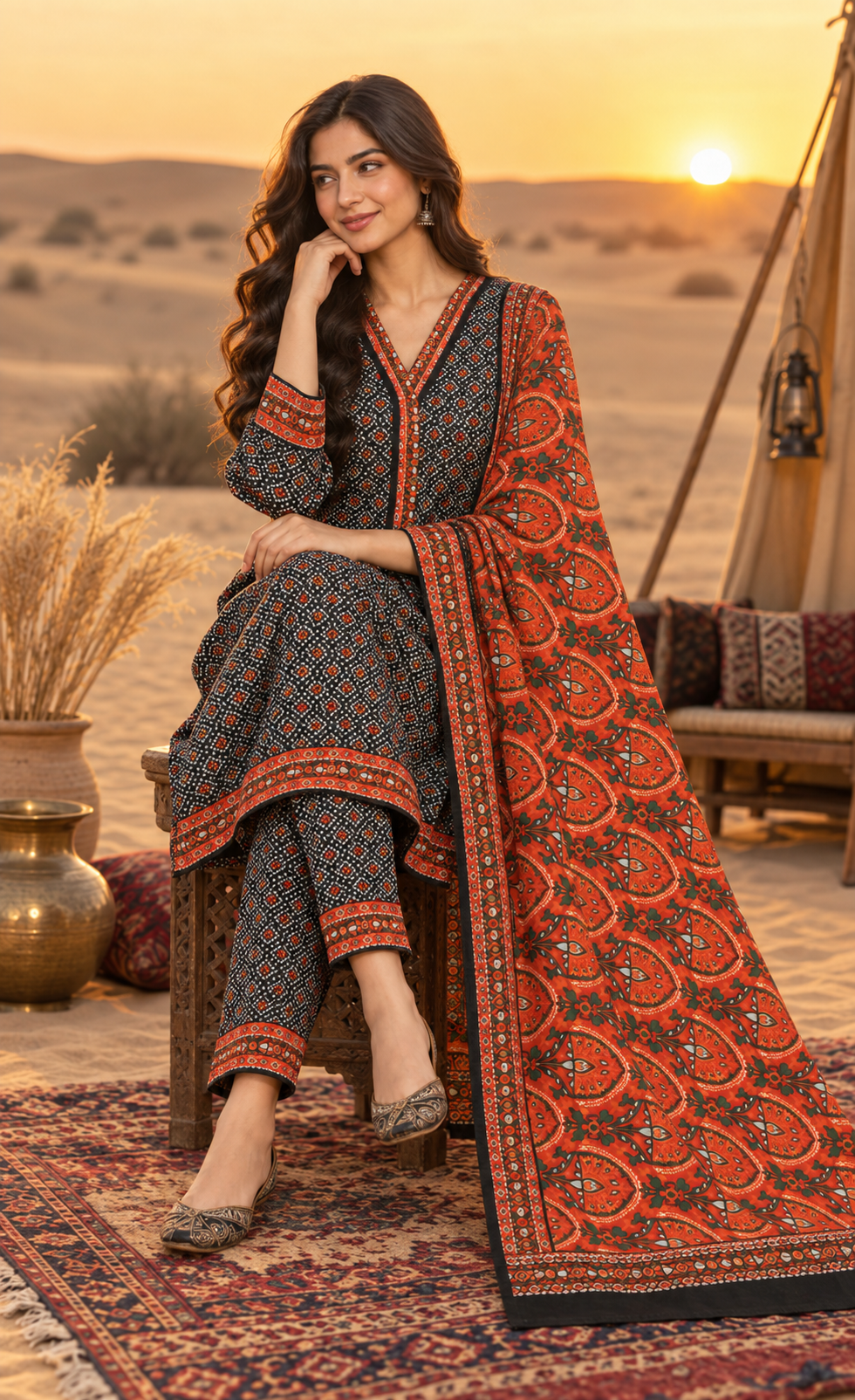 Bin Saeed Black & Rust Ajrak Printed 3-Piece Suit
