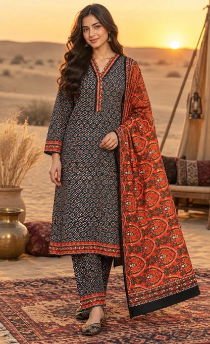 Bin Saeed Black & Rust Ajrak Printed 3-Piece Suit