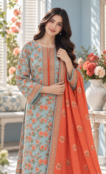 Bin Saeed Aqua Coral Floral Printed 3-Piece Suit